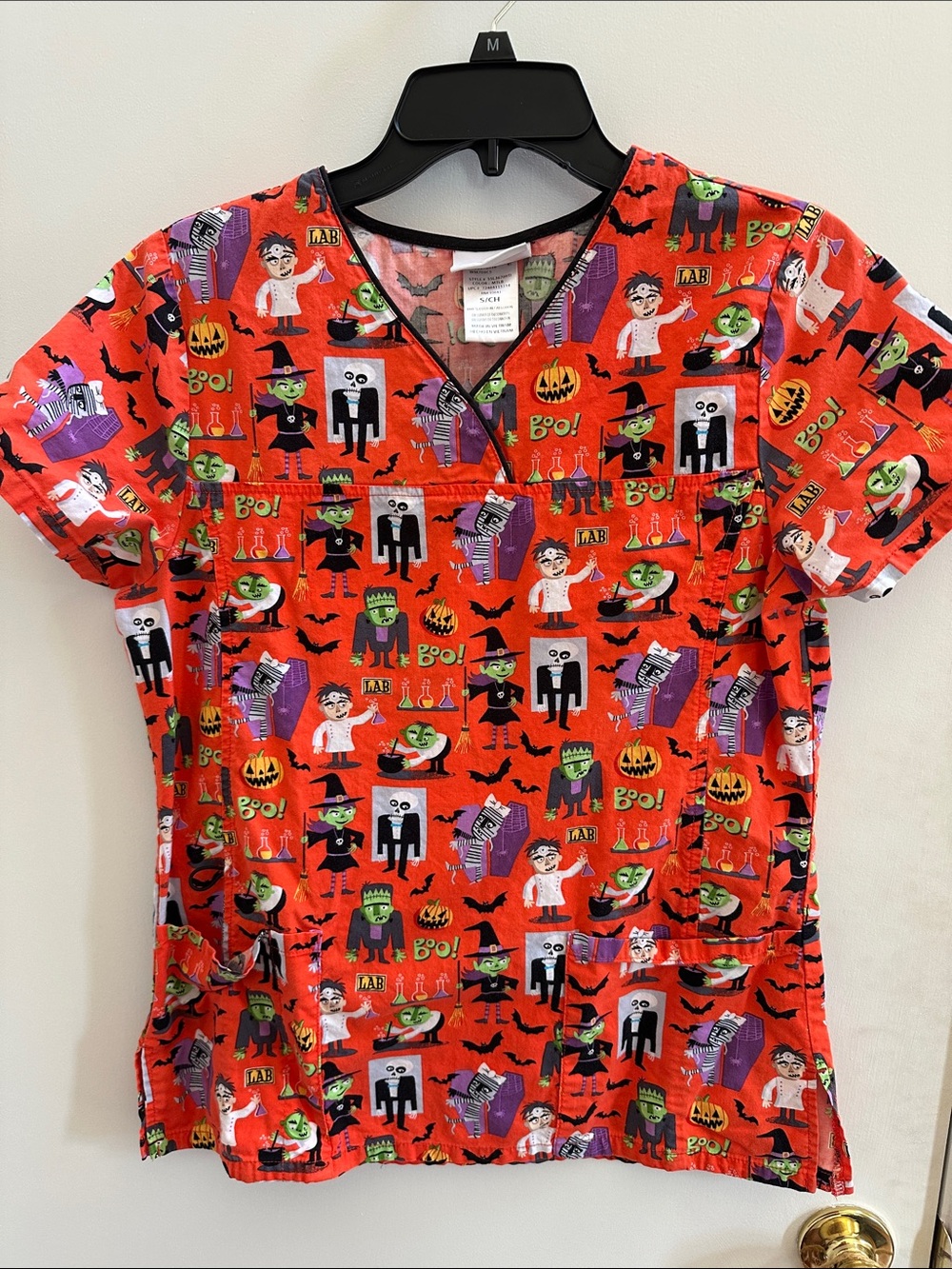 Scrubstar Orange Halloween Print Short-Sleeve Scrub Top